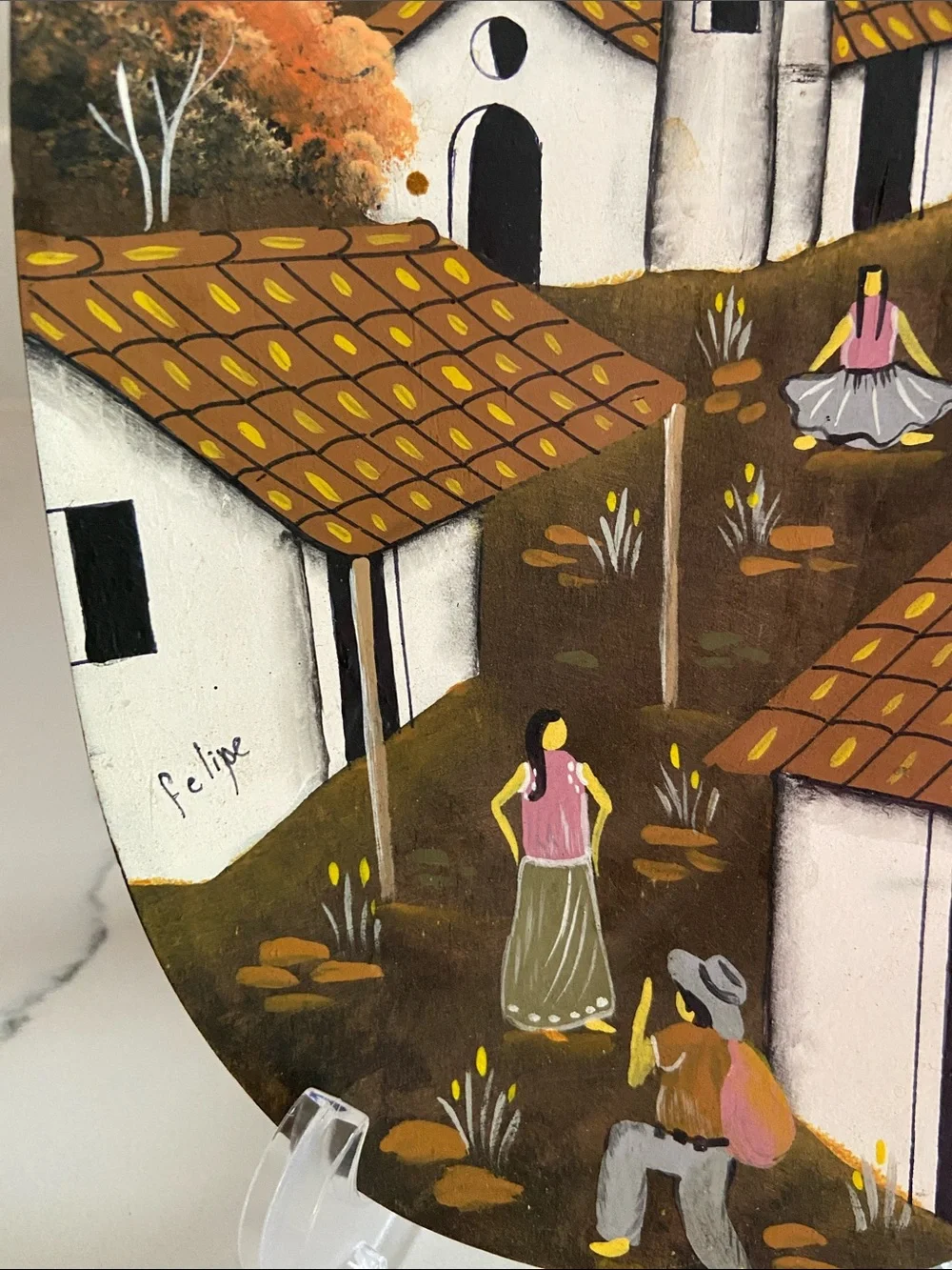 Vintage Felipe Hand Painted Folk Art Village Wood Wall Plaque 11
